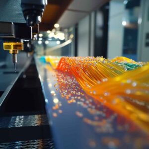 Close-up view of vibrant orange and yellow plastic filaments being produced through a high-precision extrusion machine, demonstrating advanced Nanotechnology in Plastic Extrusion